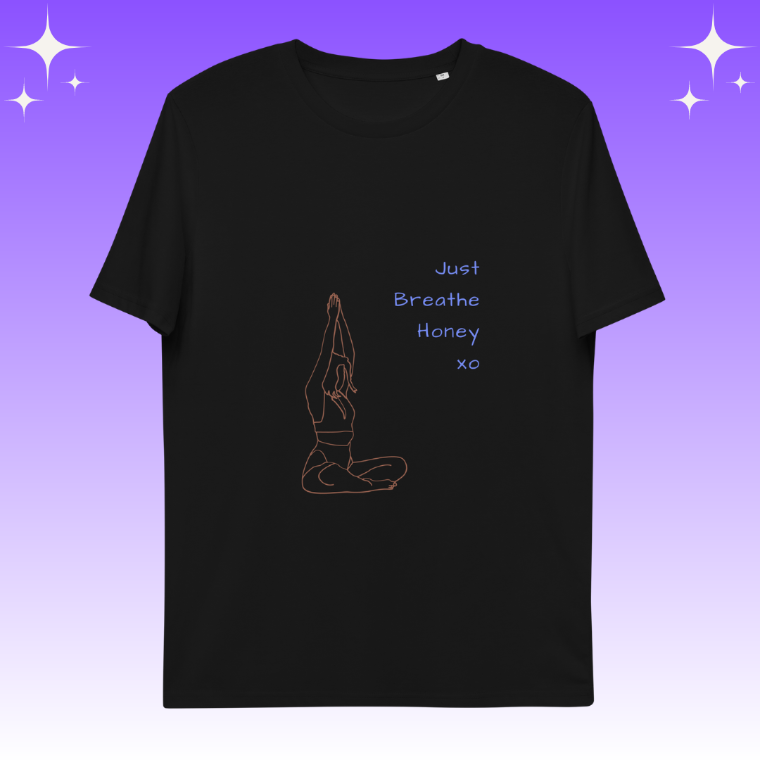 "Just Breathe Honey xo" Dopamine Dressing unisex fit t-shirt black flat lay