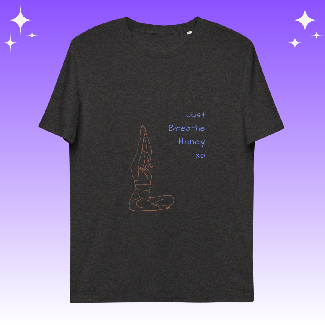 "Just Breathe Honey xo" Dopamine Dressing unisex fit t-shirt dark grey flat lay