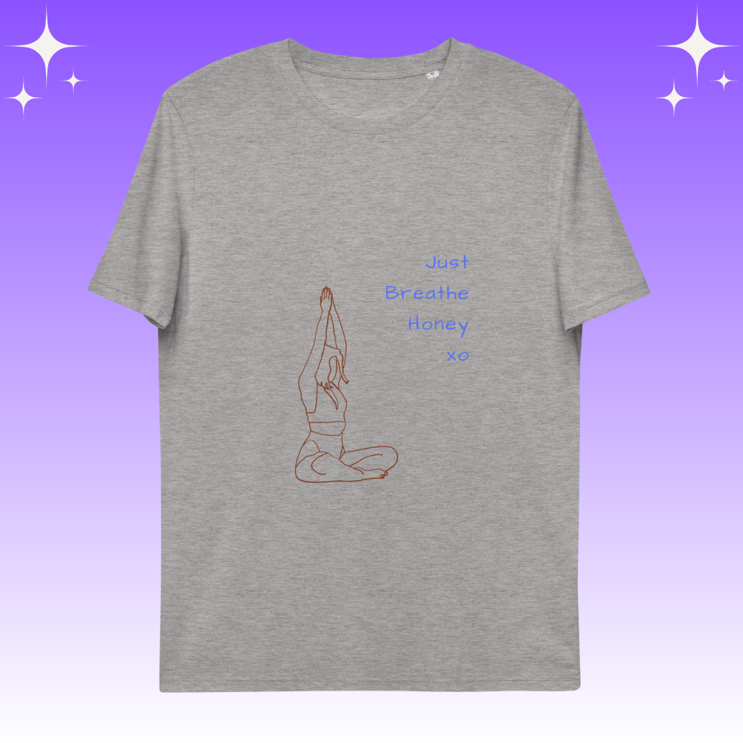 "Just Breathe Honey xo" Dopamine Dressing unisex fit t-shirt light grey flat lay
