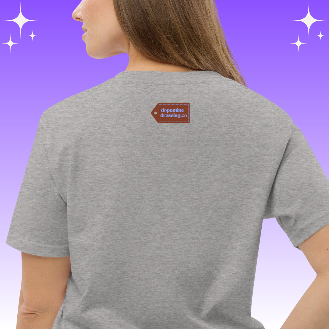 "Just Breathe Honey xo" Dopamine Dressing unisex fit t-shirt light grey back label