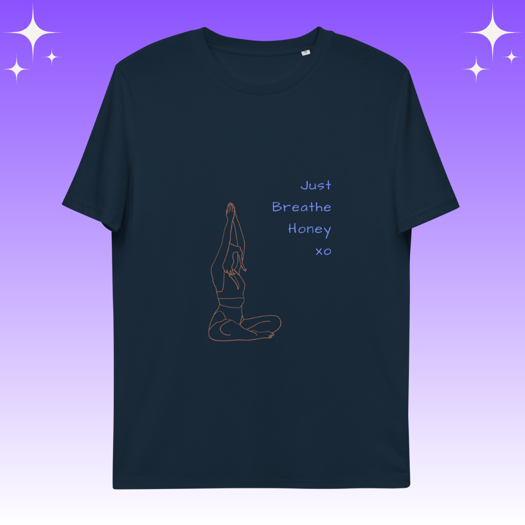 "Just Breathe Honey xo" Dopamine Dressing unisex fit t-shirt navy flat lay