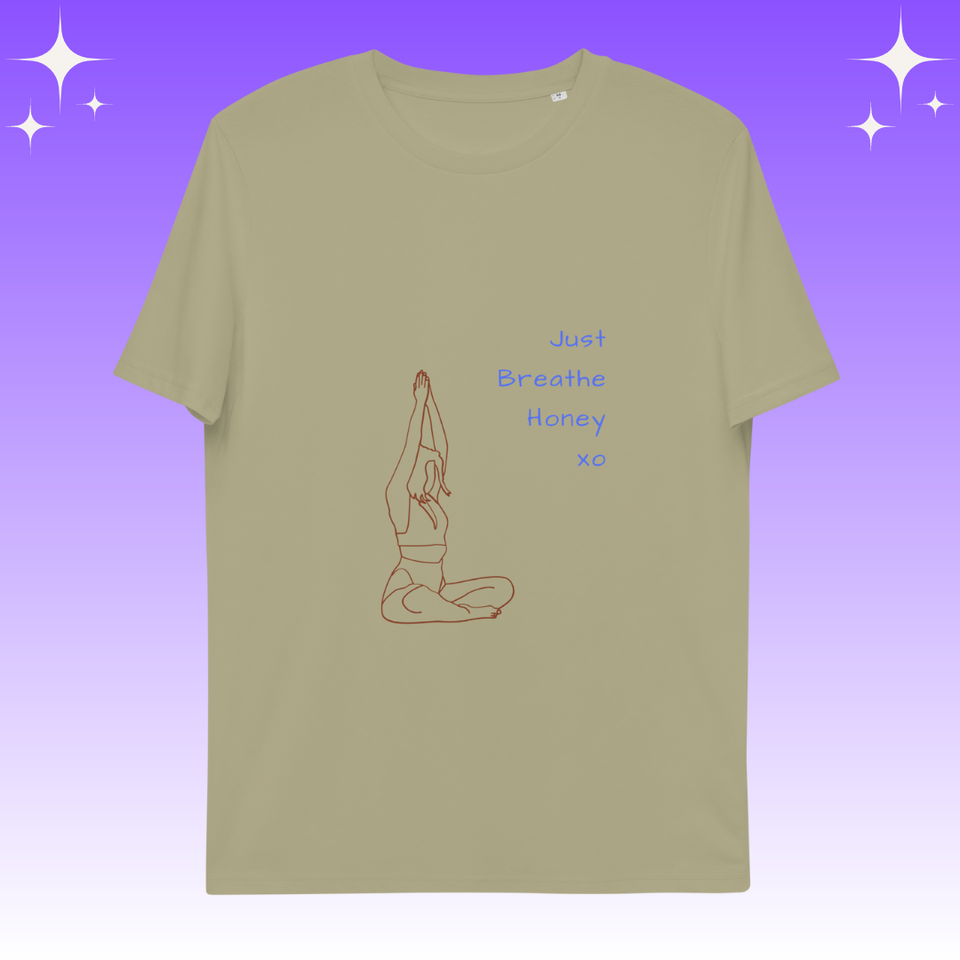 "Just Breathe Honey xo" Dopamine Dressing unisex fit t-shirt sage flat lay