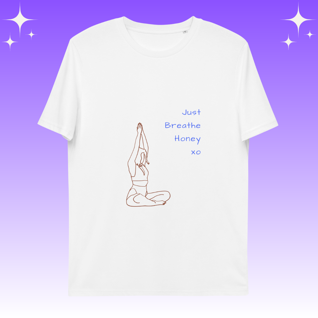"Just Breathe Honey xo" Dopamine Dressing unisex fit t-shirt white flat lay