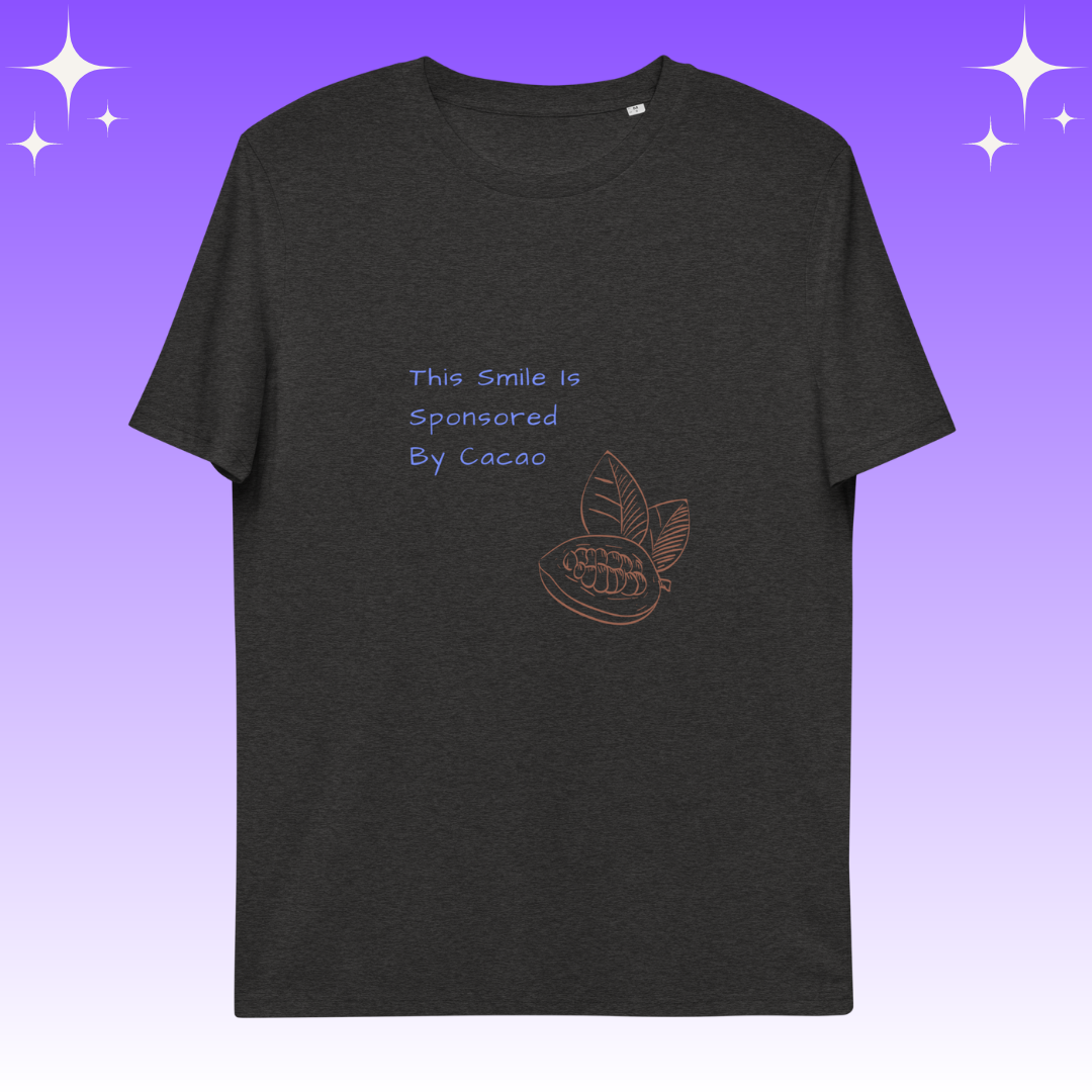 "This Smie is Sponsored by Cacao" Dopamine Dressing Unisex fit t-shirt design dark grey flat lay