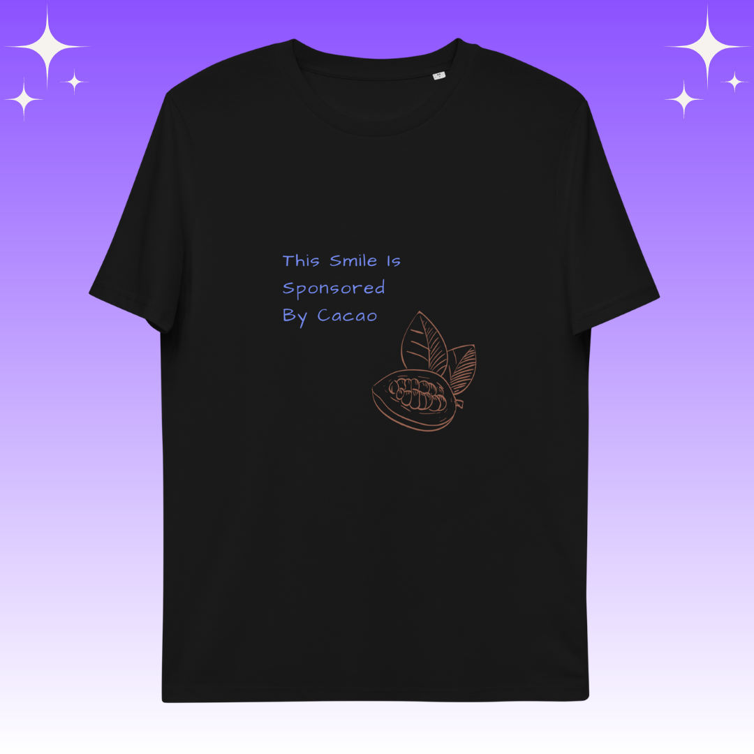 "This Smie is Sponsored by Cacao" Dopamine Dressing Unisex fit t-shirt design black flat lay