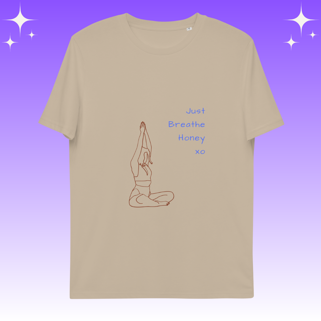 "Just Breathe Honey xo" Dopamine Dressing unisex fit t-shirt deset dust flat lay