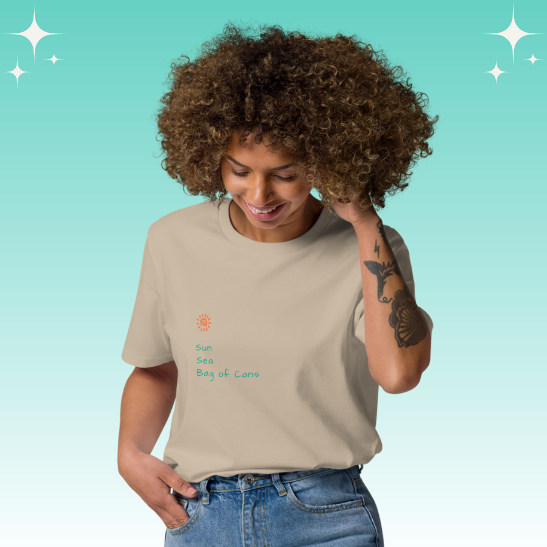 "Sun, Sea, Bag of Cans" Dopamine Dressing Unisex fit t-shirt design desert dust