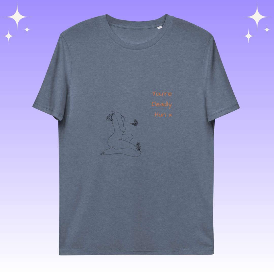 "You're Deadly Hun X" Dopamine Dressing Unisex fit t-shirt design blue flat lay