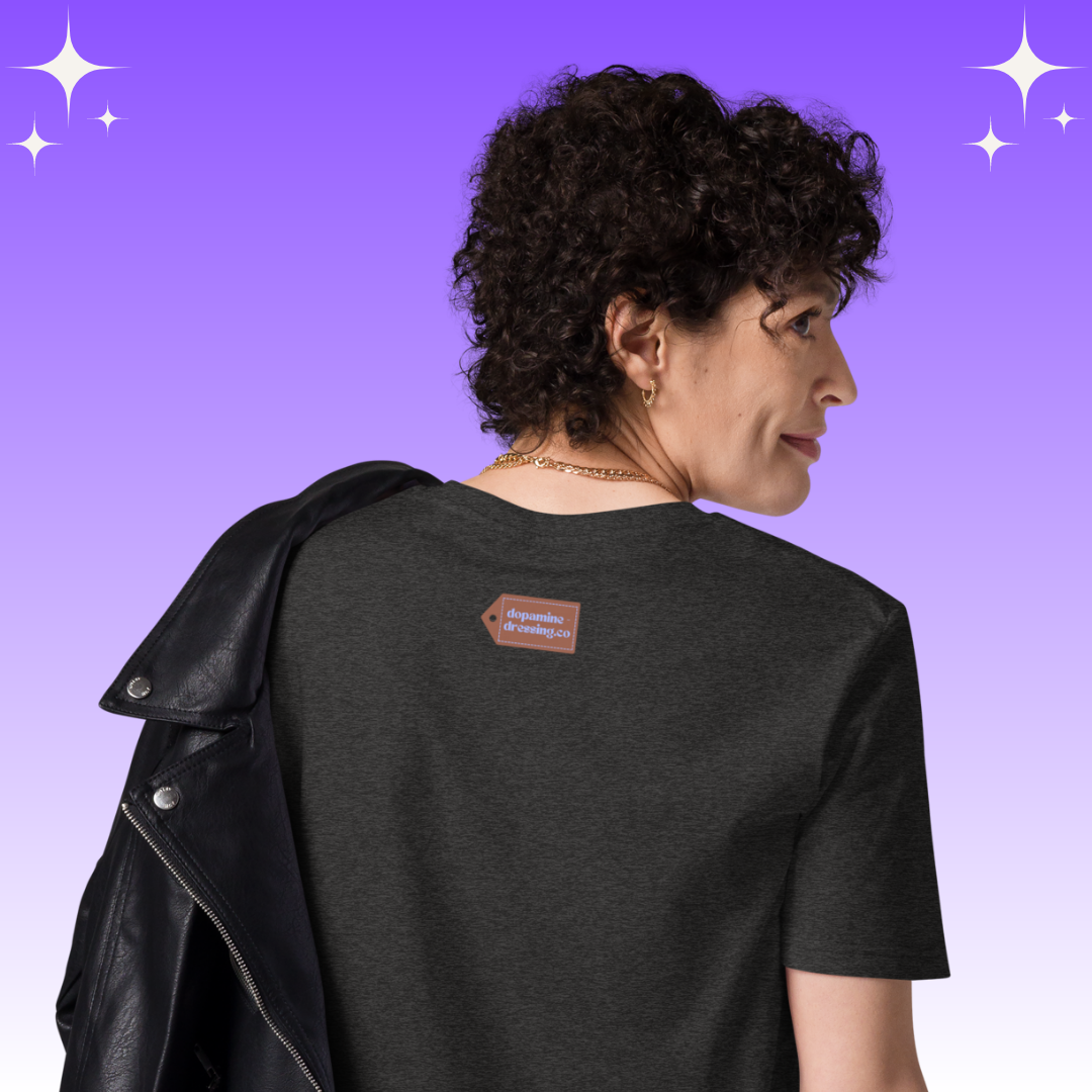 "This Smie is Sponsored by Cacao" Dopamine Dressing Unisex fit t-shirt design dark grey back logo