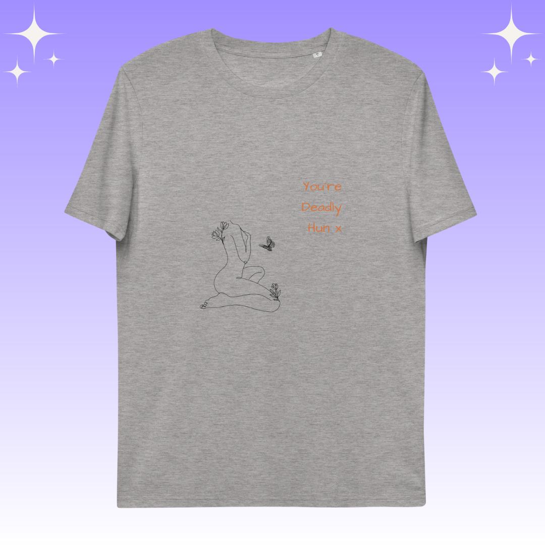 "You're Deadly Hun X" Dopamine Dressing Unisex fit t-shirt design light grey flat lay