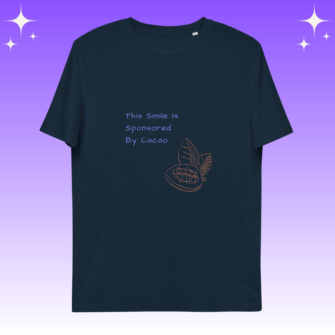 "This Smie is Sponsored by Cacao" Dopamine Dressing Unisex fit t-shirt design navy flat lay