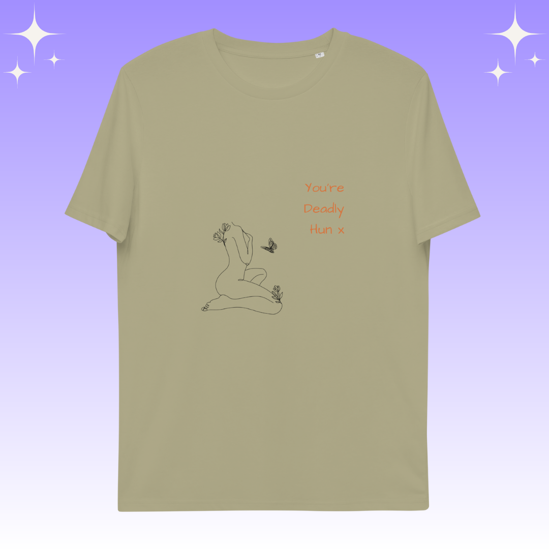 "You're Deadly Hun X" Dopamine Dressing Unisex fit t-shirt design sage flat lay