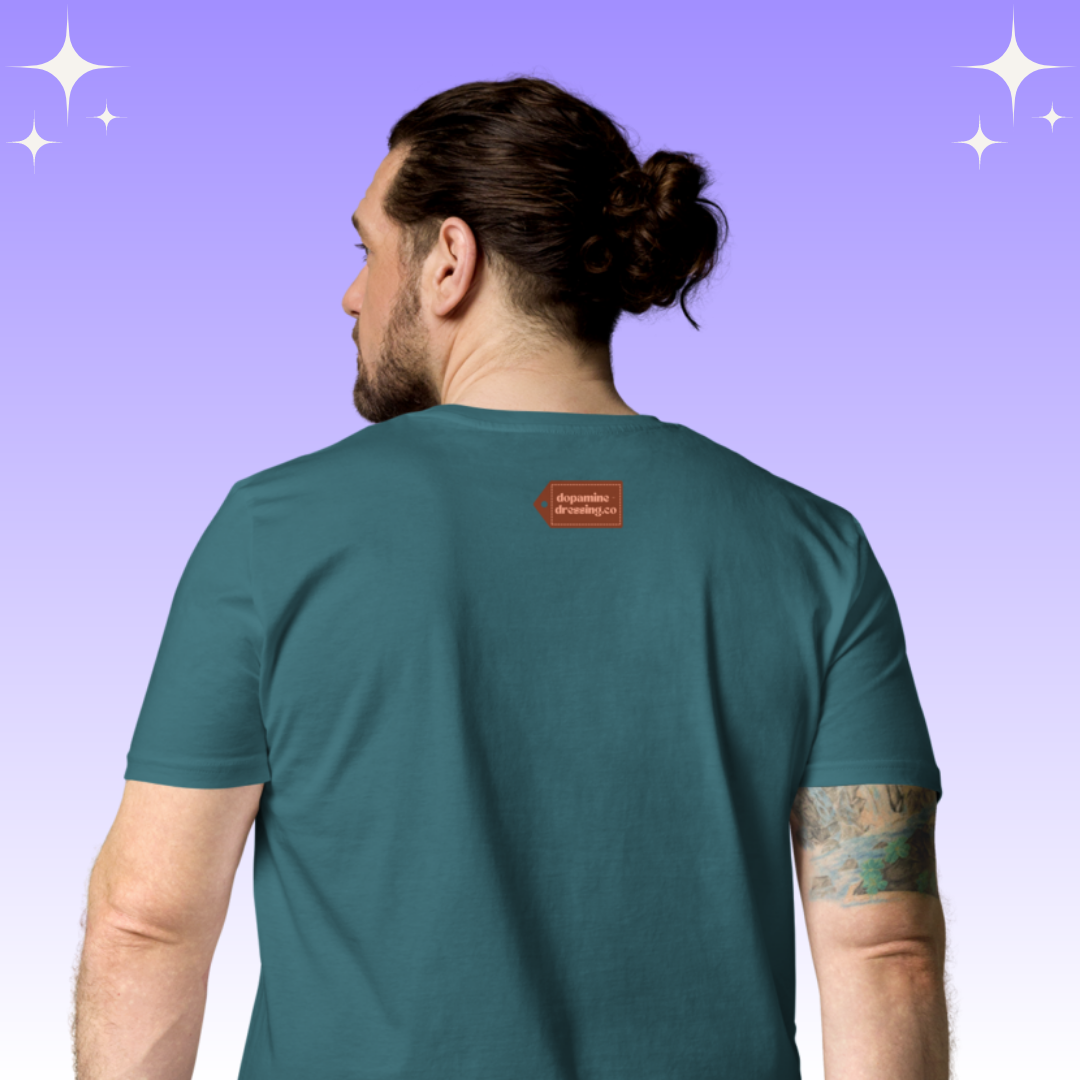 "You're Deadly Hun X" Dopamine Dressing Unisex fit t-shirt design teal back logo