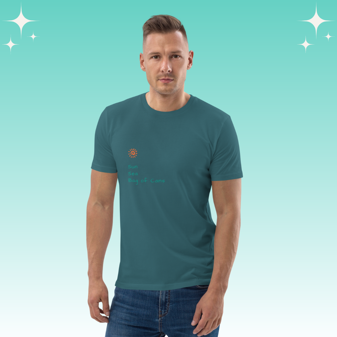 "Sun, Sea, Bag of Cans" Dopamine Dressing Unisex fit t-shirt design teal