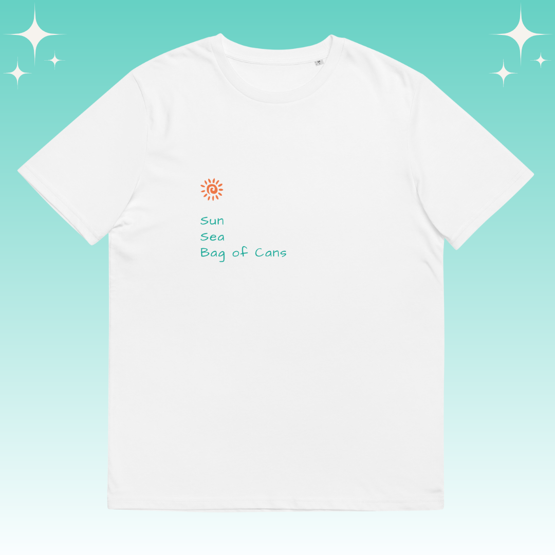 "Sun, Sea, Bag of Cans" Dopamine Dressing Unisex fit t-shirt design white flat lay