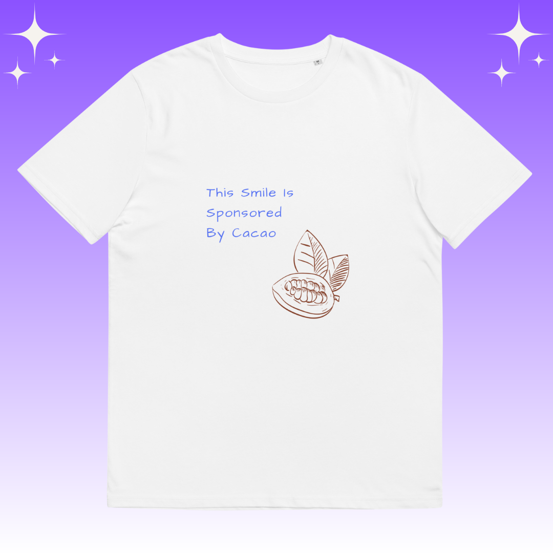 "This Smie is Sponsored by Cacao" Dopamine Dressing Unisex fit t-shirt design white flat lay