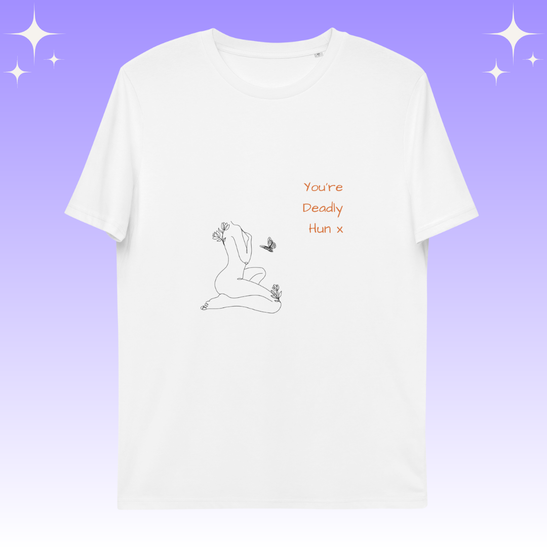 "You're Deadly Hun X" Dopamine Dressing Unisex fit t-shirt design white flat lay