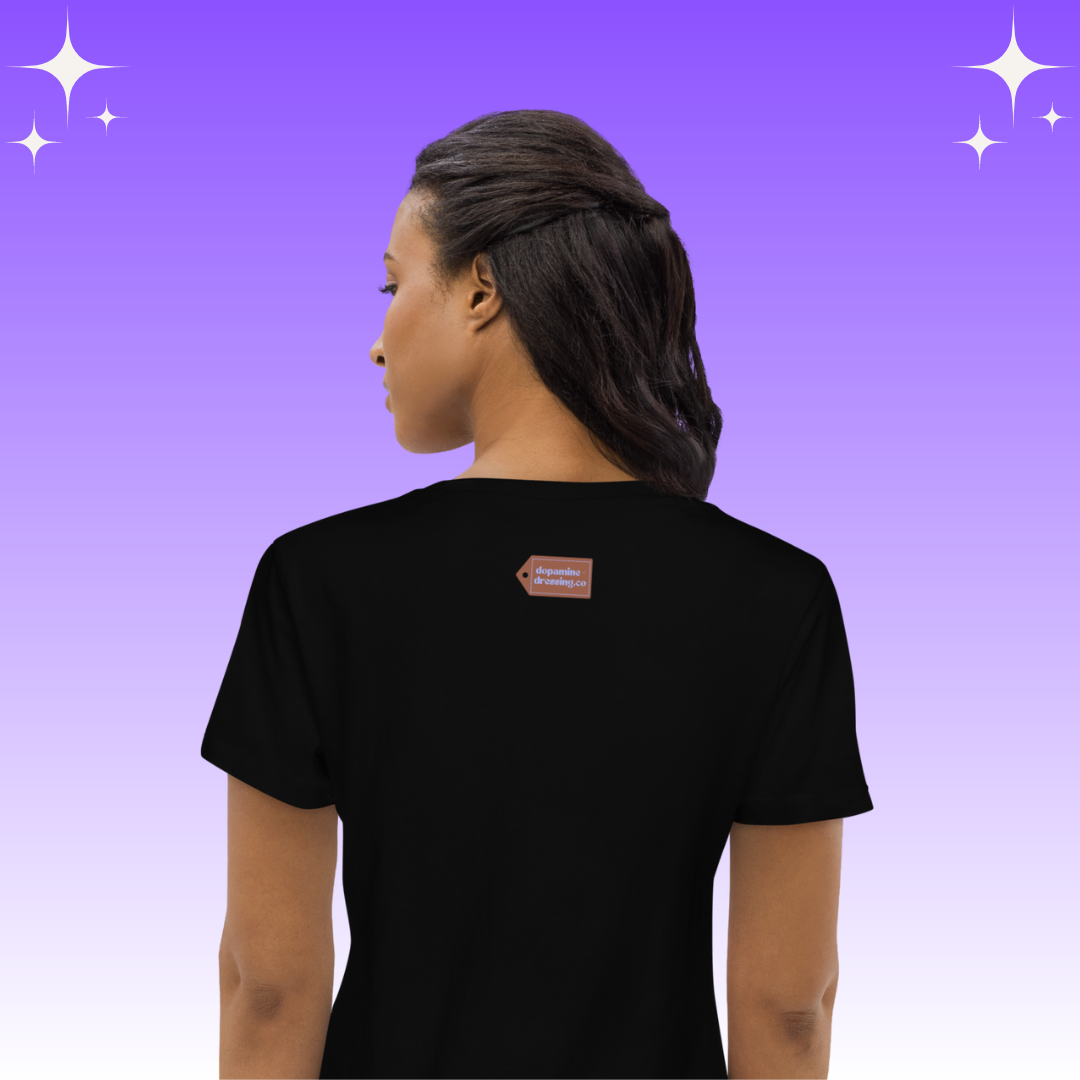 "This Smie is Sponsored by Cacao" Dopamine Dressing Women's fit t-shirt design back logo black