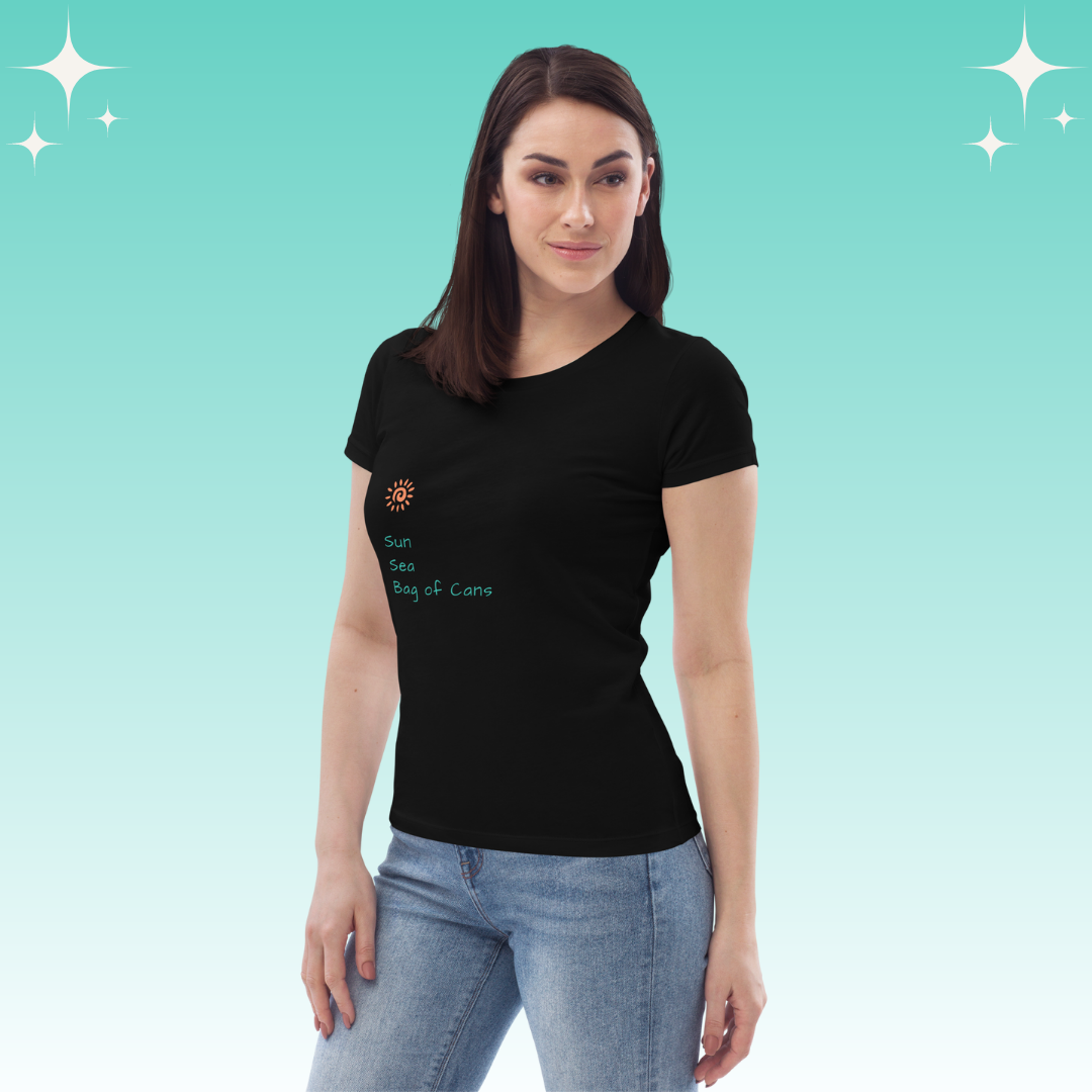 "Sun, Sea, Bag of Cans" Dopamine Dressing Women's fit t-shirt design black