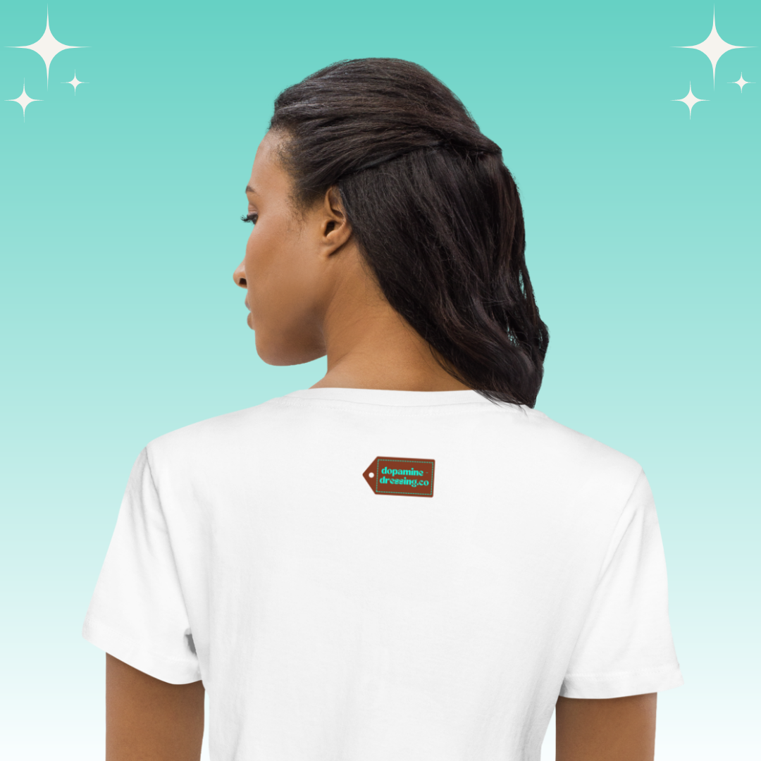 "Sun, Sea, Bag of Cans" Dopamine Dressing Women's fit t-shirt design white back logo