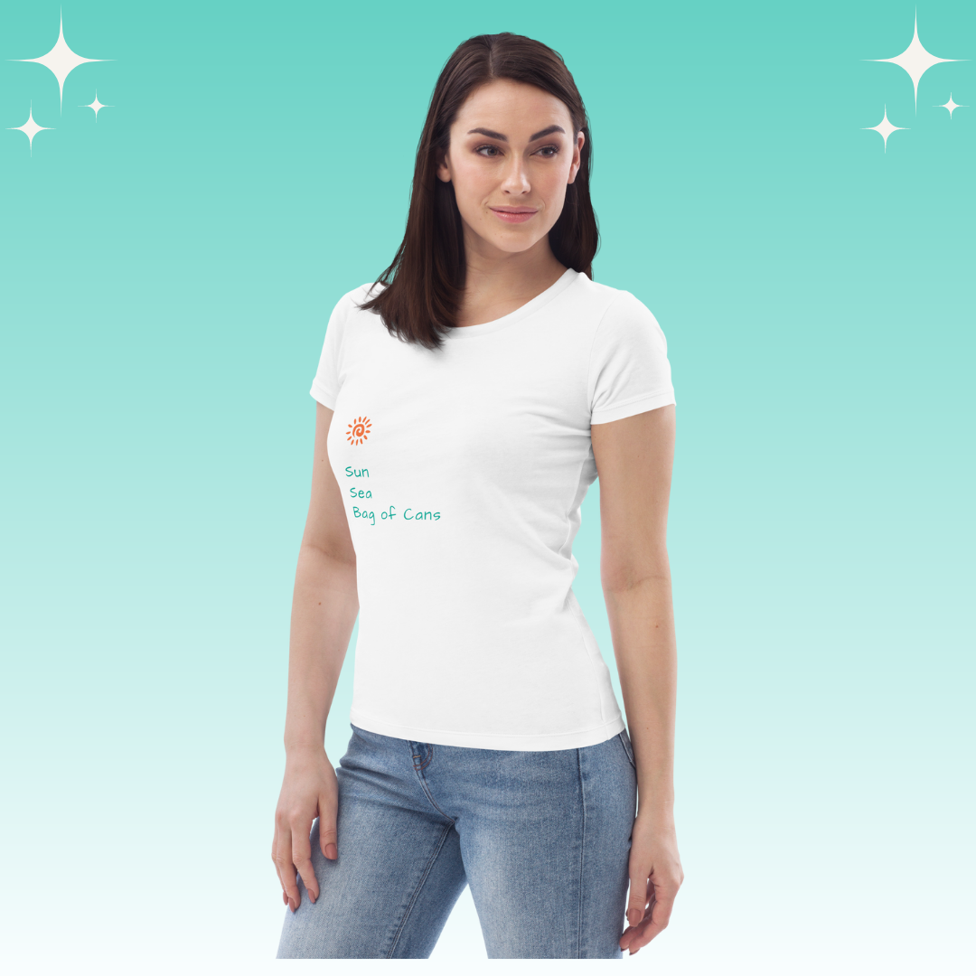 "Sun, Sea, Bag of Cans" Dopamine Dressing Women's fit t-shirt  whitedesign